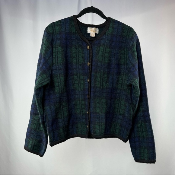 Vintage Tally Ho 100% Wool Plaid Cardigan Sweater in Navy Green Size‎ Large - Picture 1 of 4